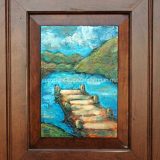 Donner Dock 2 – Summer, acrylic on reclaimed cabinet door – SOLD