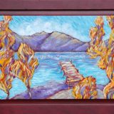 Donner Lake Dock in Fall, 23.75 in x 35 in, acrylic on recycled cabinet door -SOLD