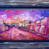 Downtown Truckee at Sunset, Mixed media on wood- Framed: 15.5 in x 26.75 – SOLD 