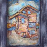 Sierra Sun, Acrylic and newspapers on recycled cabinet door- Framed: 14.5 in x 11.5 in – SOLD 
