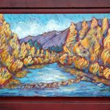 Truckee River in Fall, 23.75 in x 35 in, acrylic and paper on recycle cabinet door, framed – $750