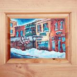 Truckee Shopfronts in Winter, Acrylic and recycled materials on recycled cabinet door, Framed: 17.75 in x 21 in – SOLD
