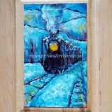 Truckee Train No. 1, 19.75 in x 14.75 in, acrylic and paper on recycled cabinet door, framed – SOLD