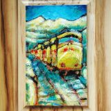 Truckee Train No. 2, 19.75 in x 14.75 in, acrylic and paper on recycled cabinet door, framed – SOLD