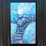Truckee Train No. 3, mixed media on cabinet door, ready to hang, 19.5in x 14.75in; SOLD
