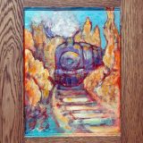 Truckee Train No. 3, 19.5 in x 14.75 in acrylic and paper on recycled cabinet door, framed – (reg. $200) SALE: $100
