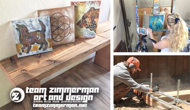 Sara and Rob Zimmerman art and design showing reclaimed wood benches and dog art at Squaw Valley art festival